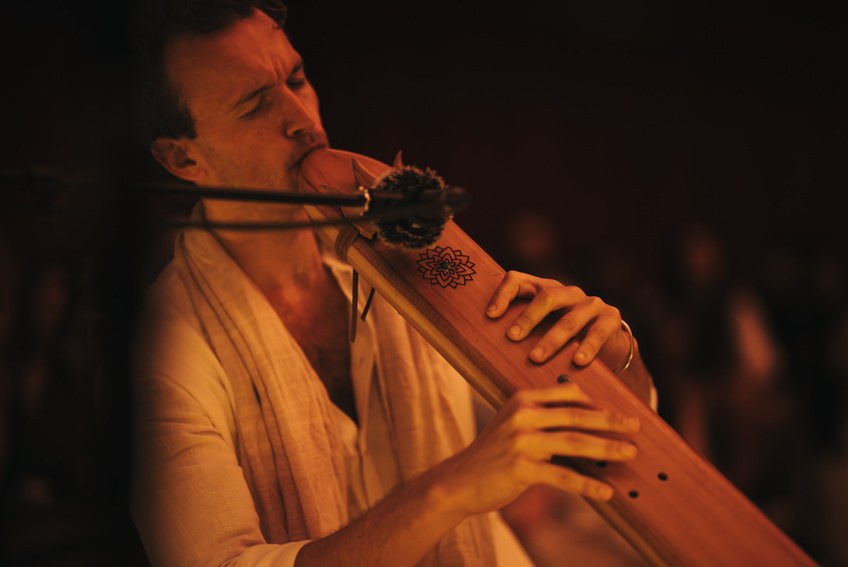Victorien performing with world flutes